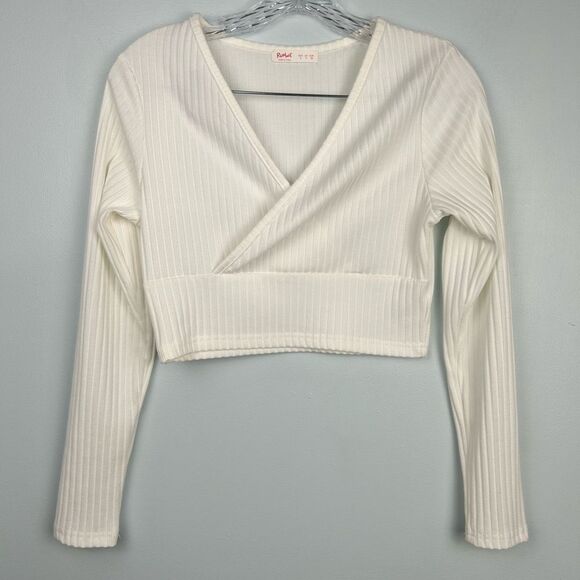 Romwe Ribbed V-Neck Long Sleeve Cropped Faux Wrap Top White Sz 4 - Picture 1 of 13